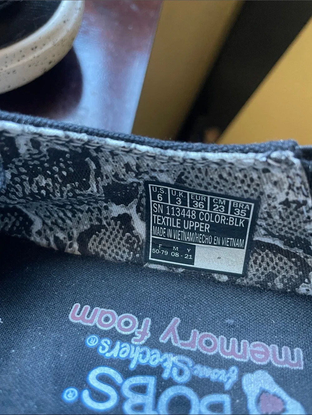Skechers BOBS Black Canvas Slip-On Loafers with Patterned Lining